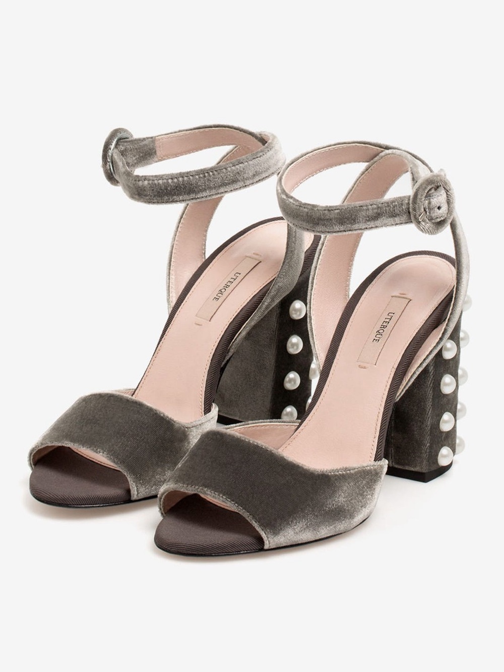 Uterque Pearl Velvet Sandals Block Heels Grey Size 6.5 90s Chic Soft Whimsigoth